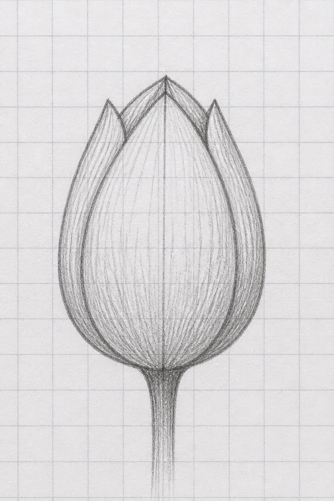A tulip bud drawn on graph paper. The rim arc aligns with grid intersections, and the petals mirror each other across a vertical center line. Light pencil shading appears as small strokes inside the cup.