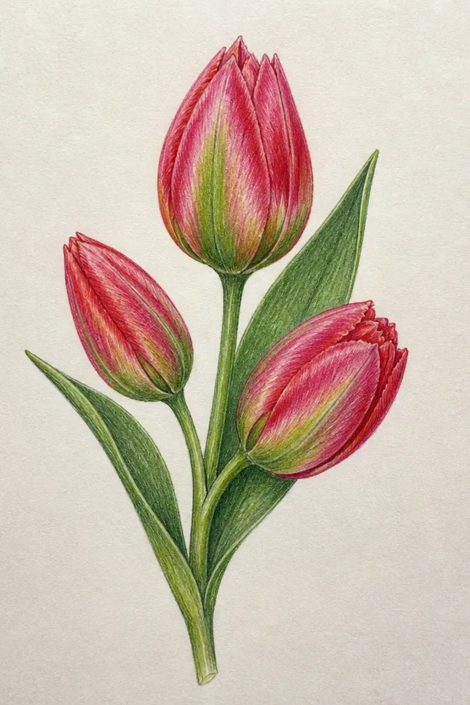 Three tulip buds clustered together along a curved stem, like a mini wreath segment. The buds vary slightly: one front-facing, one side-fold, one half-open. Leaves are simple curved lines. Shading follows the overlap direction under each rim.