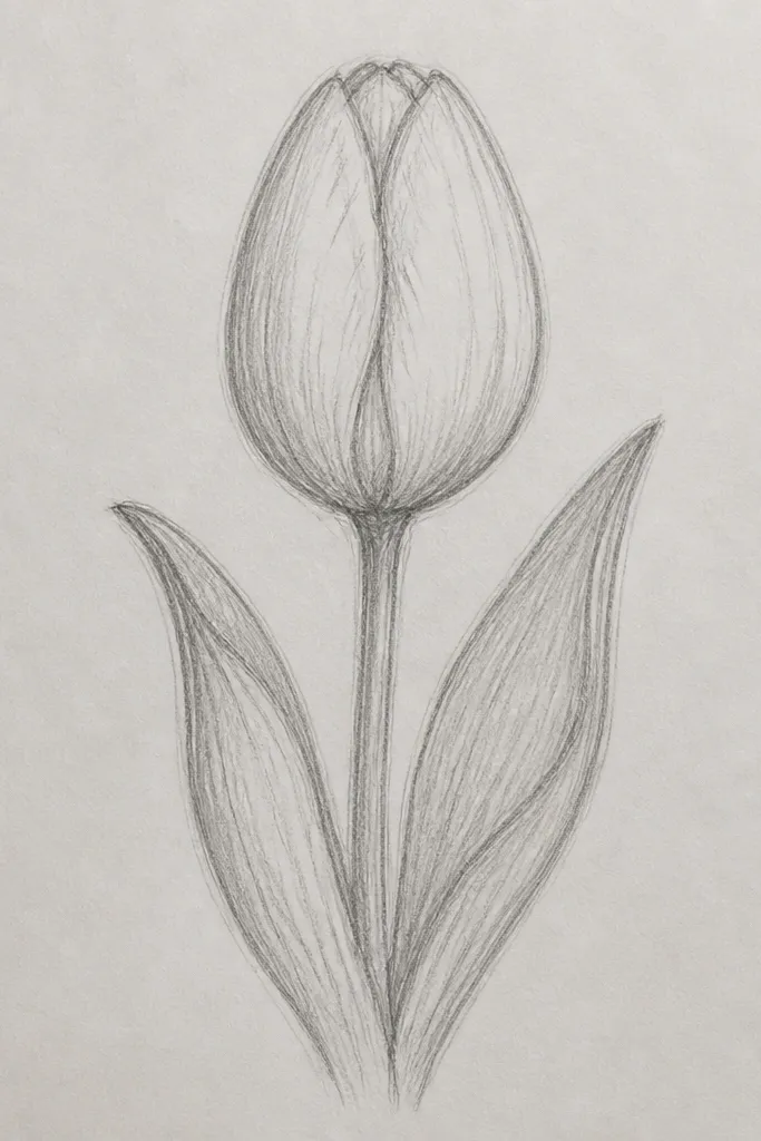 A fully pencil-drawn tulip bud with no pen outlines. The petals have smooth graphite blending, with darker tones at the outer rim and lighter tones in the center fold. The stem is drawn with a light, graceful line and a few leaf marks.