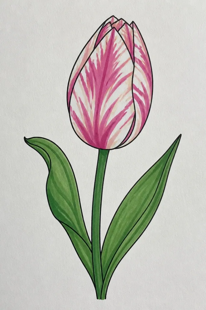 A tulip bud drawn with visible stripe patterns across each petal. The stripes are lighter and darker bands that curve with the petal shape. The background is plain white, and the stripes create a glossy, realistic look even with minimal shading.