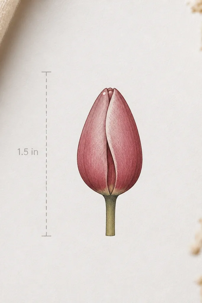 A small tulip bud drawing sized for a gift tag, shown alongside a faint measurement guide. The bud is about 1.5 inches tall with simplified petals and a short stem. The outer rim is dark, inner fold is light, and there's a tiny highlight dot near the top.