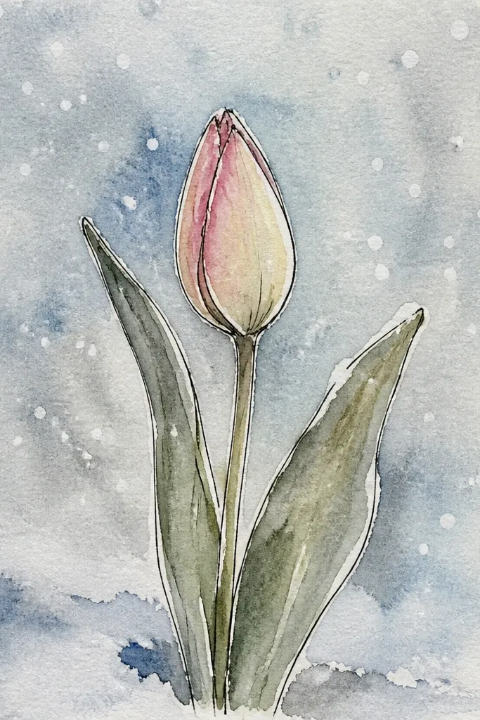 A tulip bud drawn in the center with a clean outline and light shading. Around it are small falling snow dots and tiny star-like sparkles. The dots vary in size and are denser near the top, fading downward.