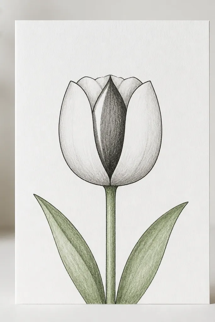 A white 4x6 card with a single tulip centered. The outer petals form a smooth rounded cup in light pencil, then darkened with a black 0.5 liner. The center is a tall teardrop wedge with a small highlight on the left edge. Two simple green leaves sit low on the left and right.
