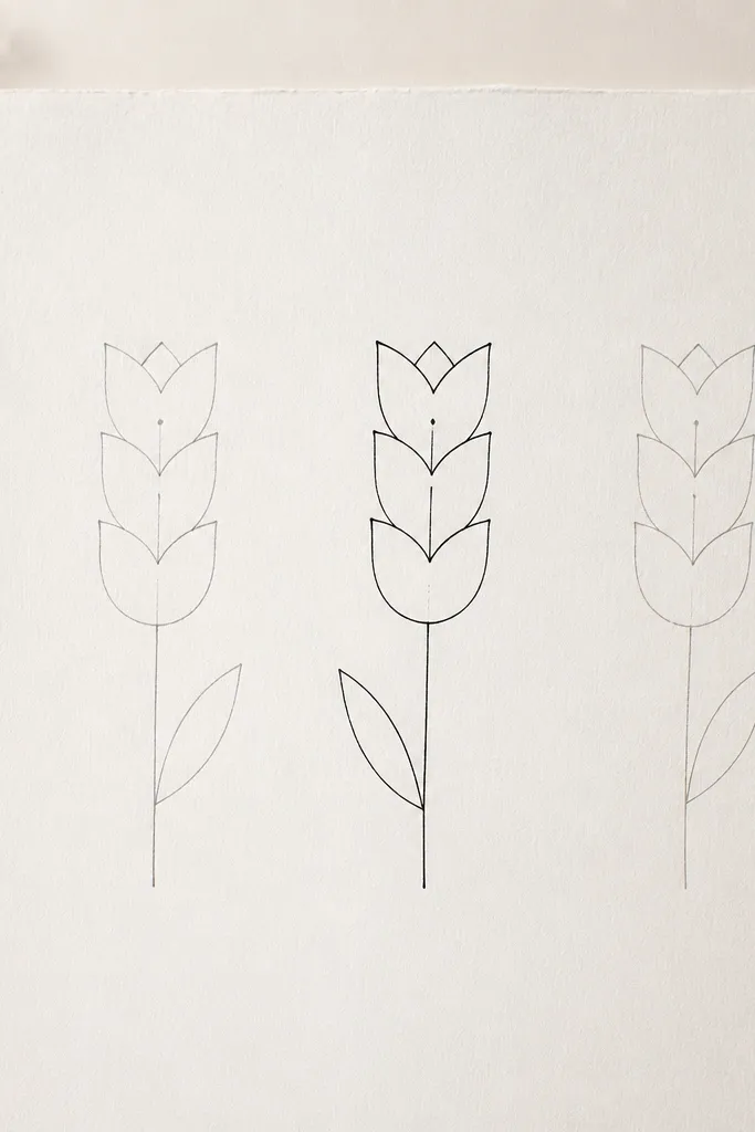 A page with three vertical tulips, each drawn with only three stacked petal shapes. The outlines are thin and light, mostly in pencil, with one tulip outlined in darker ink. Each flower has a small center dot and a single leaf on alternating sides.