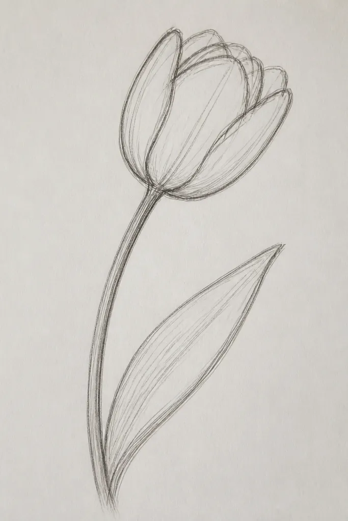 A tulip drawn in side view, facing left, with petals shown as a slimmer shape. The stem curves gently to the right, and one leaf wraps around the stem like a ribbon. The shading is on the inner fold with a light-to-dark gradient.