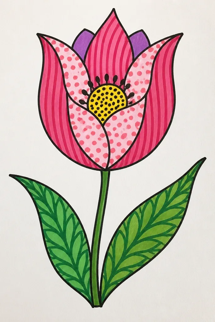 A tulip with petals outlined and filled with light pink and white stripes. The center has tiny dots and short dash marks. Leaves are solid green with a few vein lines.