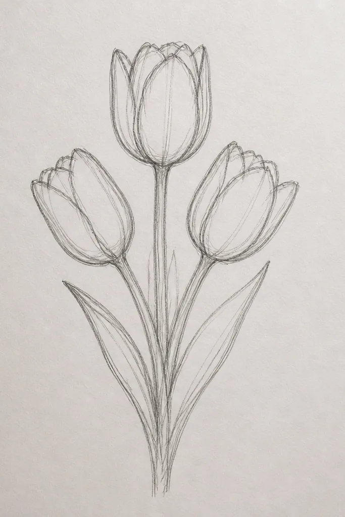 A small bouquet of three tulips tied together. Each tulip is a different height, drawn with the same cup-and-center style. The stems merge into one thick line at the bottom, then split near the top. Leaves fan out near the base.