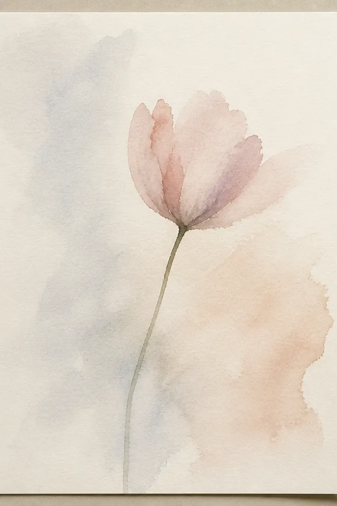 A tulip outlined in pencil with a few thin ink lines, then washed with light watercolor pink and a soft yellow center. The wash edges are slightly uneven, like real watercolor. Leaves are pale green with visible paper texture.