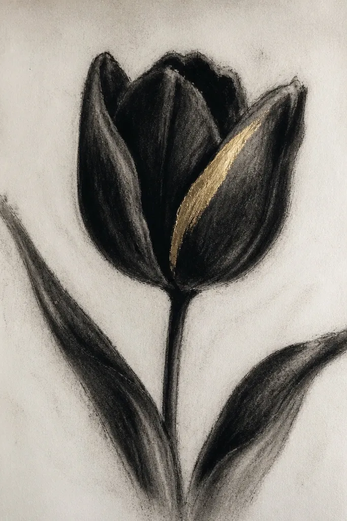 A bold black tulip drawn with thick and thin ink lines. The petals are outlined sharply, and the center has a single gold gel pen highlight line. Leaves are solid green-black with a few lighter strokes.