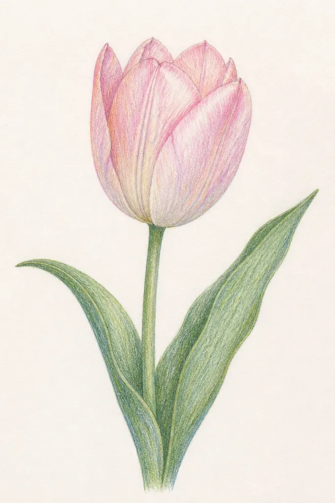 A single tulip in pastel colors. The petals are light lavender with a slightly deeper purple fold. The center is pale cream. Leaves are muted sage with faint vein lines. The transitions look smooth like blended colored pencil.