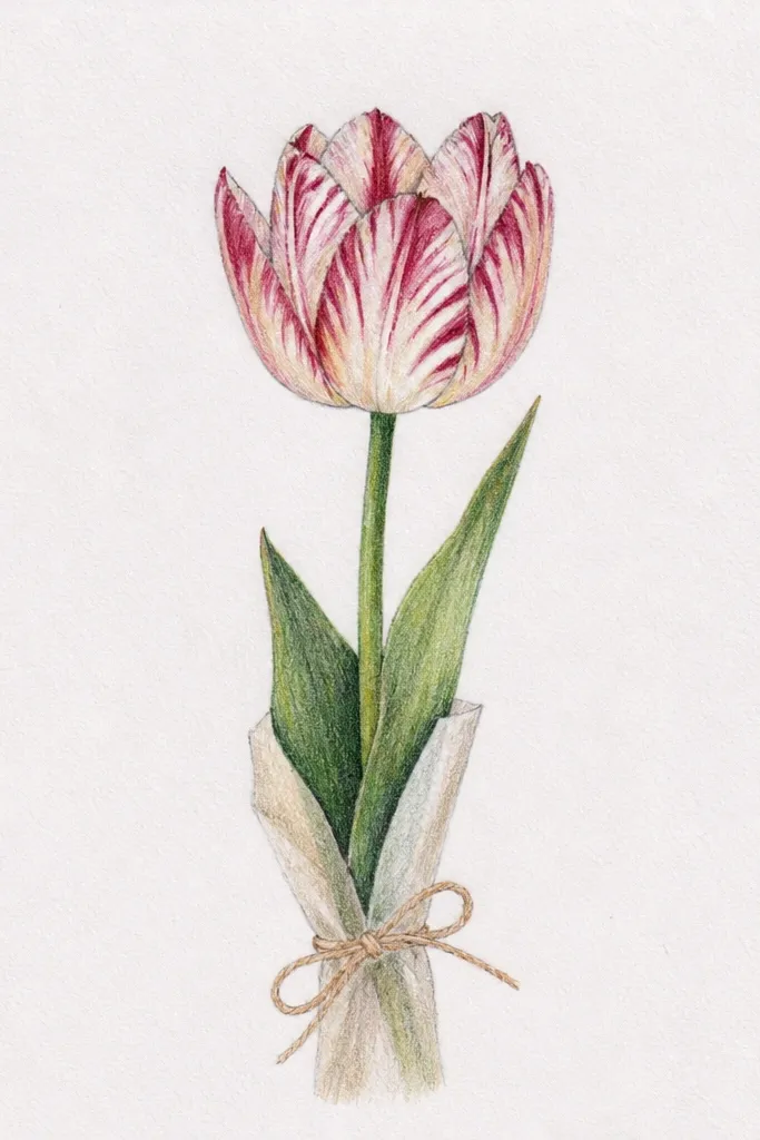 A tulip with three bold stripes across the petals in pink and white. The stem is wrapped with a thin band pattern like a ribbon. The leaf is a simple almond shape with one vein line.