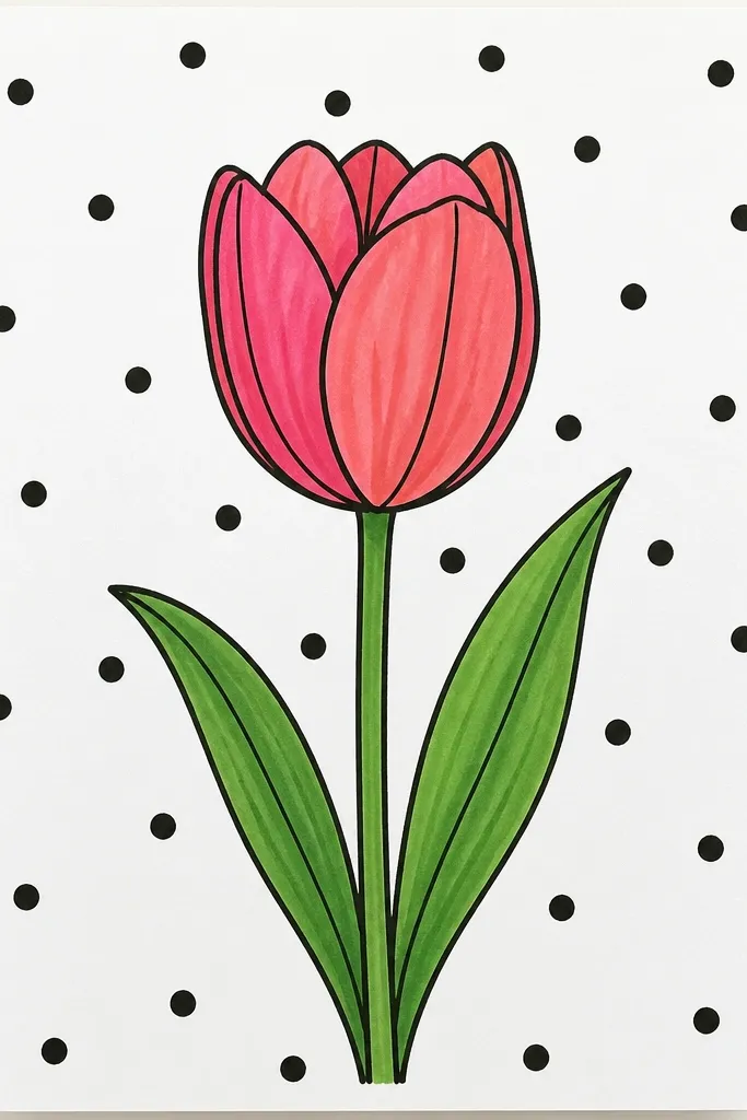 A tulip centered on a sheet filled with small evenly spaced polka dots. The tulip has light pink petals with a darker fold. The background dots are pale gray, and the leaves are green with simple veins.