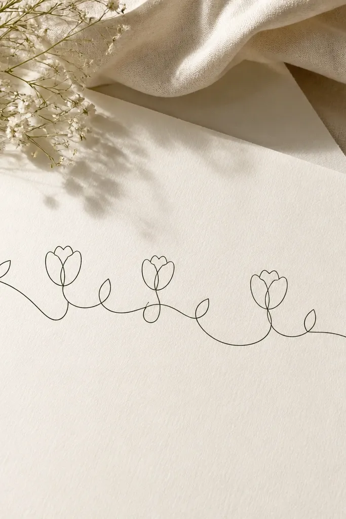 A continuous line garland of tulips looping across a page. Each tulip is drawn with a cup shape and a center line, all connected by a single sweeping stem line. The leaves appear as small bumps along the loop.
