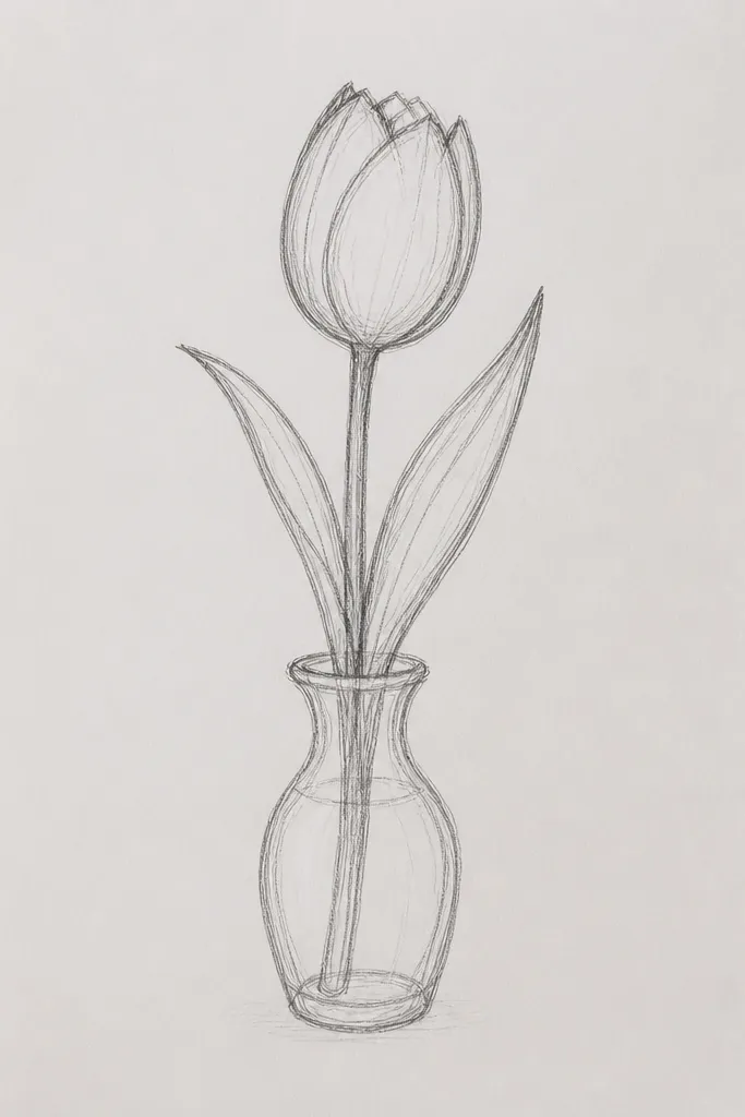 A small vase drawn with simple lines at the bottom. One tulip grows out of it with a cup-and-center shape. The vase has a subtle stripe pattern and a thin shadow line. The tulip petals are light red with a darker fold shadow.