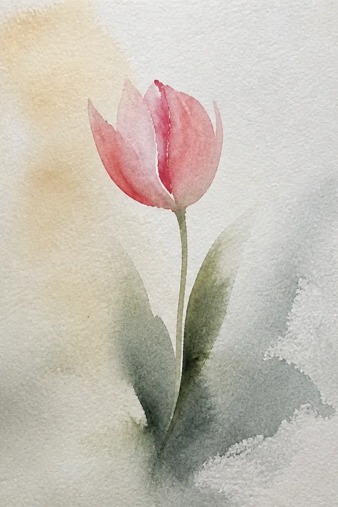 A tulip with a wide cup and a center wedge. Leaves have feathered edges made of tiny short strokes. Petals are light orange with a deeper orange fold shadow. The stem is a smooth single line.