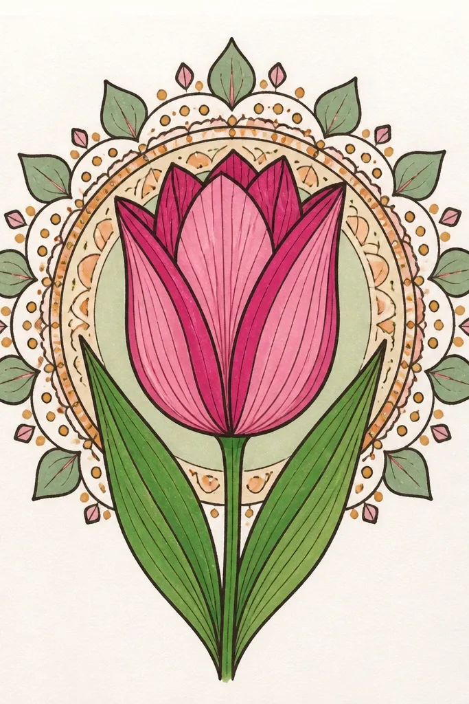 A central tulip with clear cup and center lines. Around it are simple circle rings and tiny petal-like dots in a halo pattern. The background is light beige, and the tulip petals are pink with a darker fold shadow. Leaves sit at the bottom.