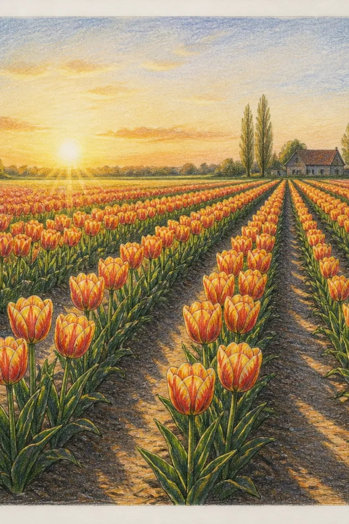 A sketchbook page showing a tulip field at sunrise with a pale orange sky. Long, diagonal shadows stretch from the tulips toward the lower right. Tulips are mostly pink and peach with darker centers, and the grass is a soft, striped green texture.