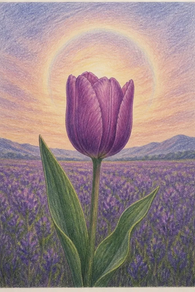 A dreamy dusk scene with a purple gradient sky and a lighter halo near the horizon. Tulips sit in the foreground as deep magenta and plum shapes, with a few bright pink accents. The grass is dark teal with soft texture, and the background tulips fade into haze.