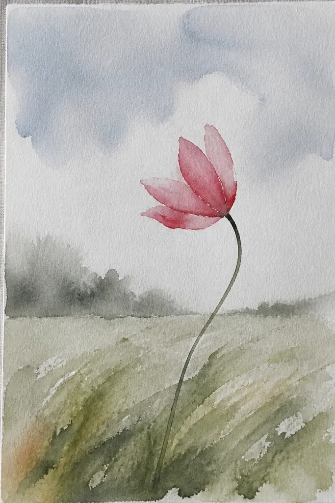 A field where many tulip stems lean in the same direction, creating a wave. Petals are shown with curved folds and slight blur in the wind. The grass is drawn with swooping strokes, and the sky is pale blue with a few soft clouds.
