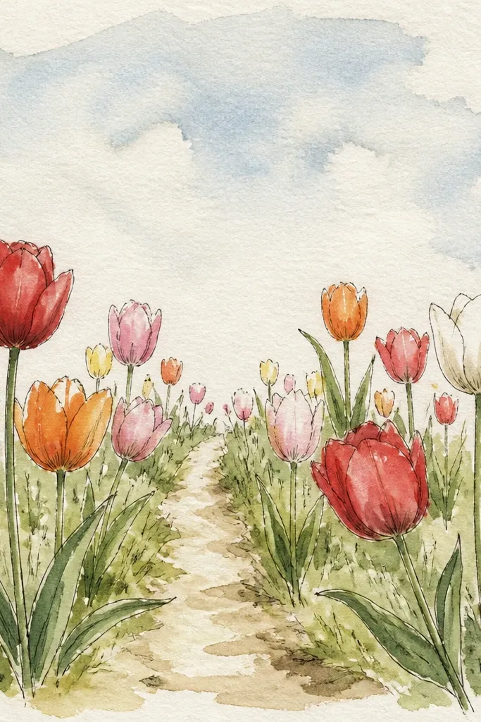 A tulip field with a narrow path cutting diagonally from bottom center toward the horizon. Tulips grow on both sides of the path, with fewer flowers near the path and more in the sides. The path looks like sandy ground with soft shadows and scattered grass tufts.