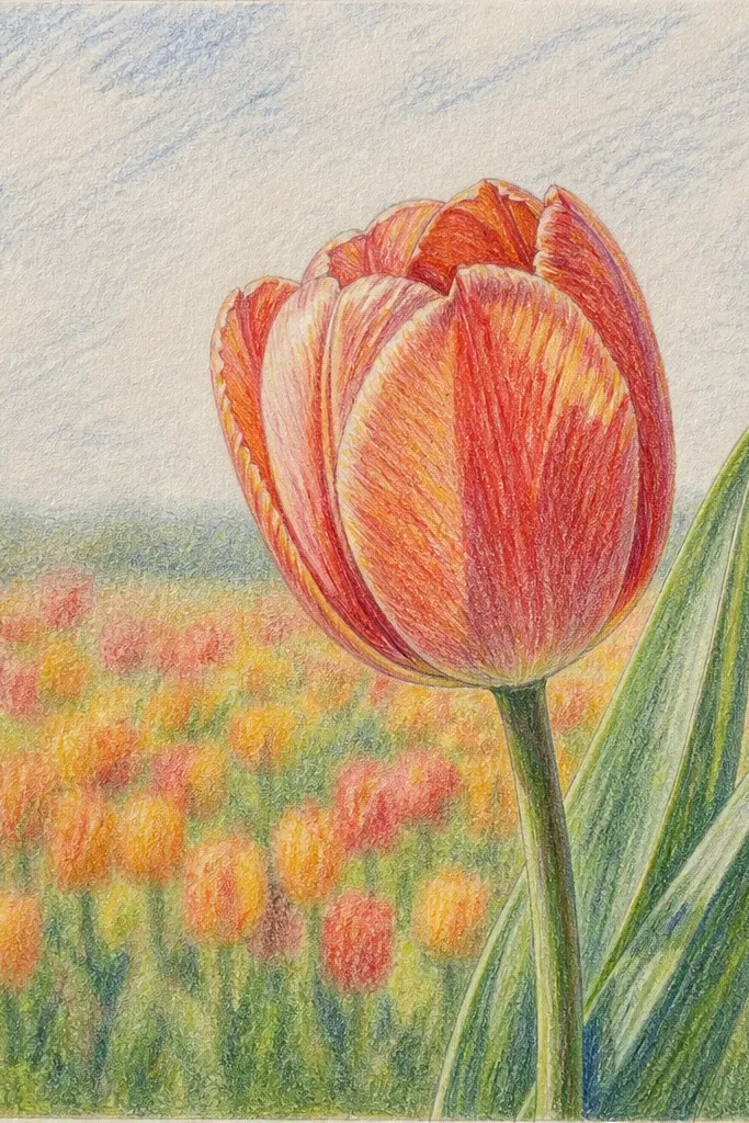A composition where one tulip dominates the bottom left corner, with detailed petals and a visible center. Behind it, the tulip field becomes soft and out-of-focus with light green smudges and faint red shapes.
