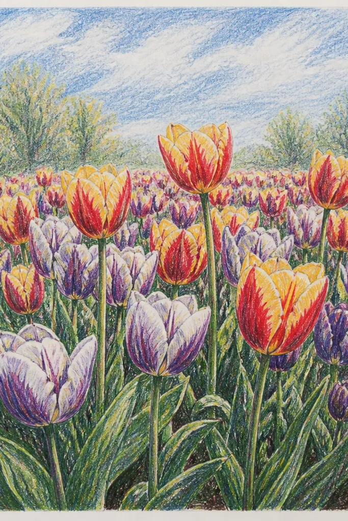 A field where tulips have two-tone petals: warm outer edges and cooler inner folds. The sky is pale and minimal, and the viewer sees many tulips with consistent highlight placement.