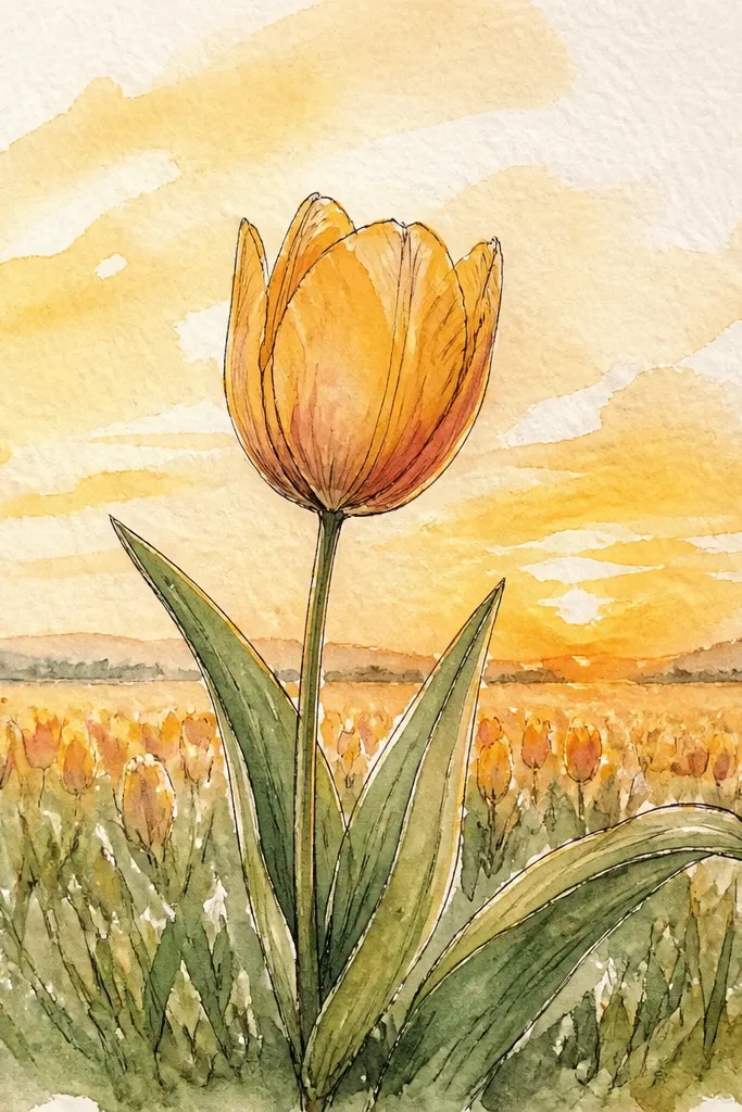 A golden hour sky in honey yellow and soft peach. The grass is drawn with crisp, light-green strokes and darker tips. Tulips are mostly warm orange-red with bright yellow centers.