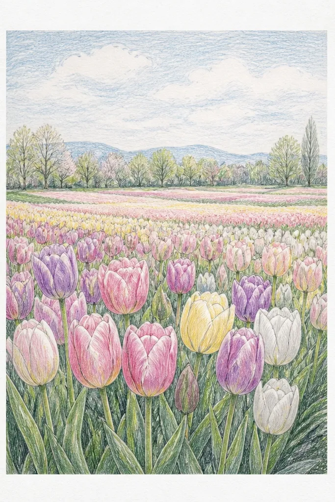 A light, pastel tulip field with pale pink and buttery yellow blooms. The paper texture shows through as a soft haze, and the grass is a whisper of green with minimal outlines.