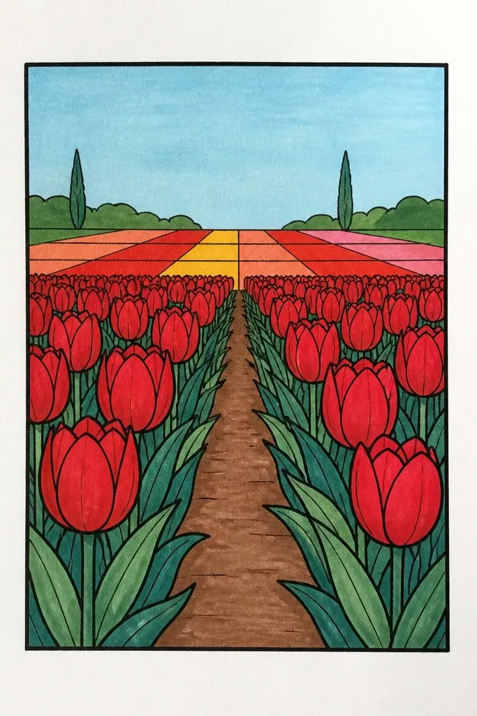 A stylized tulip field with repeating red tulip rows. The background is separated into soft horizontal bands, like a gentle checkered pattern, with different green tones at each band.