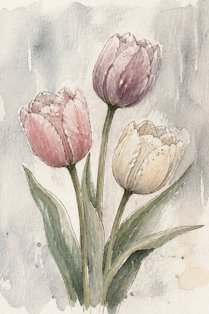 A rainy tulip field with gray-blue sky. Petals show small white highlights and a few droplet shapes. The grass looks darker and shinier, with vertical rain streaks in the background.