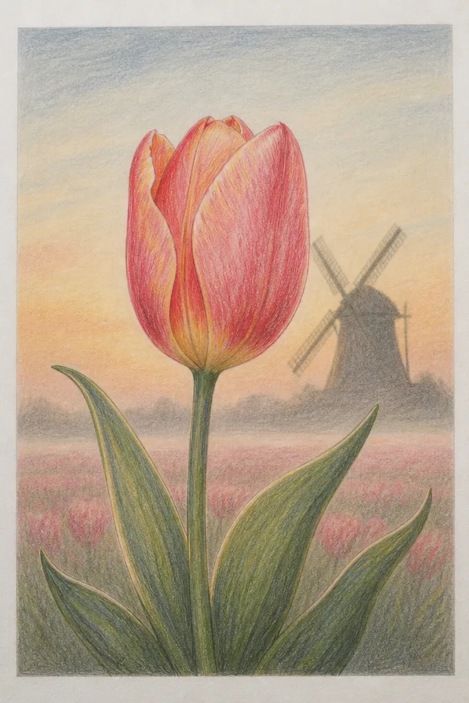 A tulip field with a hazy background and a dark windmill silhouette near the horizon. Tulips in front are warm reds and pinks, while background tulips fade into a light mist. The sky is pale with a soft gradient.