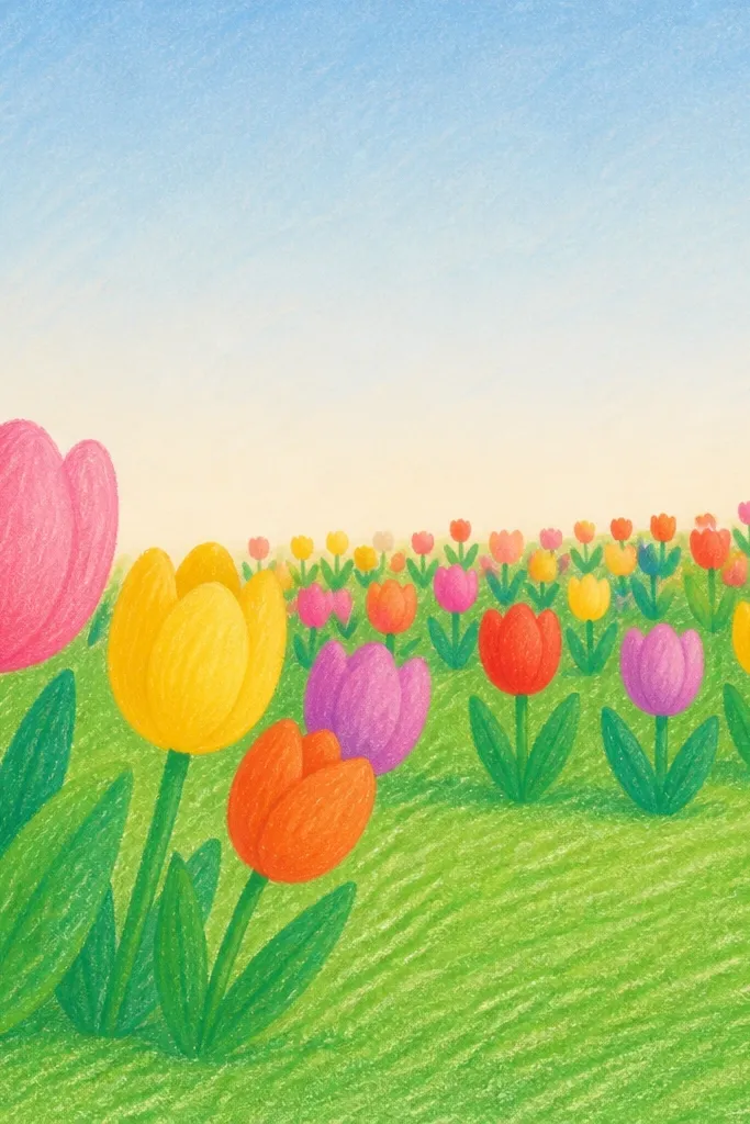 A playful tulip field with rounded, cartoon-like tulips. The grass has crayon-like texture with visible strokes, and the sky is simple with a light gradient. Colors are bold but edges are soft.