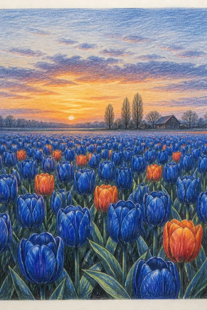 A blue evening field with deep teal grass and small orange-red tulips. The sky is a darkening blue gradient, and the orange petals look like warm dots against cool tones. There are a few taller tulips in the foreground for depth.