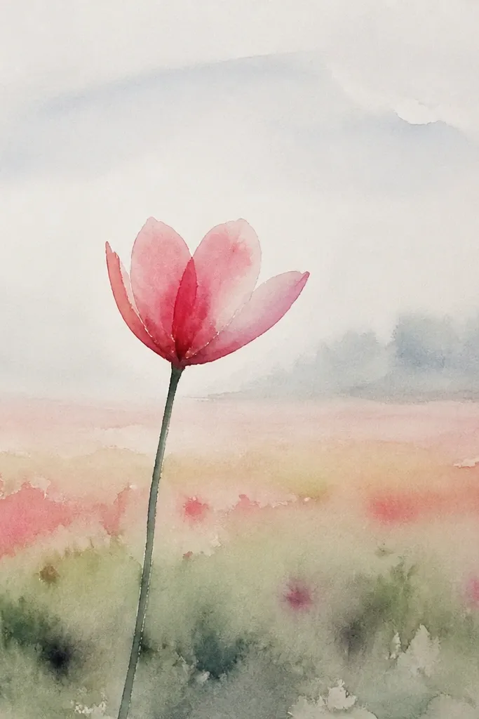 A foggy tulip field where the background tulips blur into a pale gray mist. The foreground shows sharper tulip shapes in muted pink and red. The sky blends into the mist without a clear line, and the grass fades smoothly.