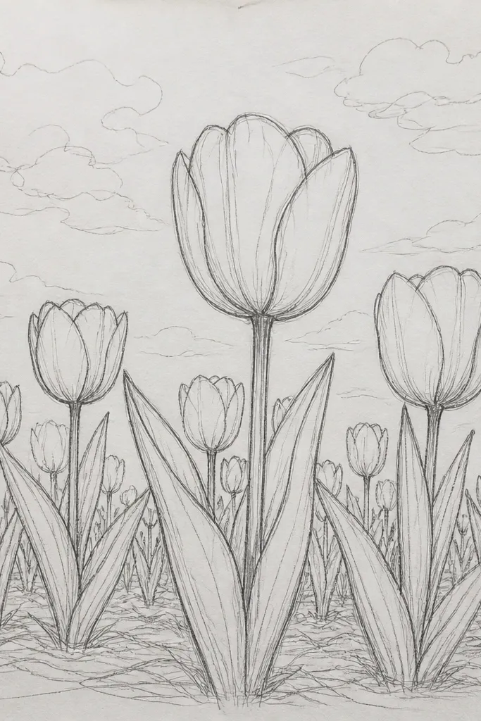 A low-angle view where tulip stems are tall and dramatic, rising from the bottom of the page. The petals are large in the foreground and smaller toward the horizon. The grass covers most of the page with visible ground texture and overlapping stems.