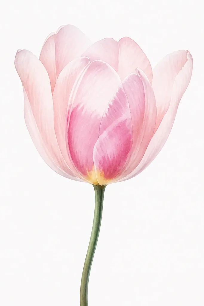 A single tulip bloom centered on white paper. The outer petals are pale blush pink with soft gradients. The center has a slightly darker pink bloom shape with a tiny wet-on-wet glow and a small yellow dot near the base. The stem is a thin cool green line with a slight curve.