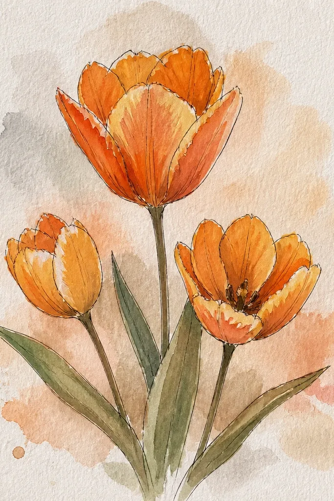 Three tulip blooms rising from the bottom edge. The blooms are orange to peach with darker orange at the petal bases. Petal edges look clean and slightly darker, while the top halves fade lighter. Stems are thin and slightly varied in green shade, with one leaf angled to the side.