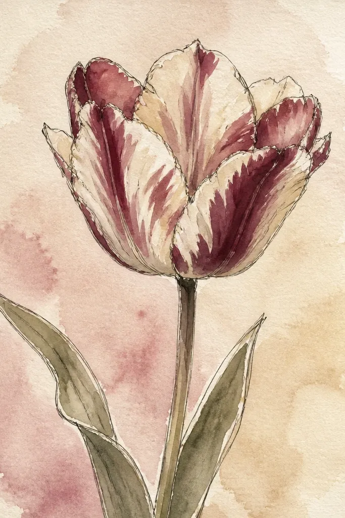 A half-open tulip on cream paper. The outer petals are creamy off-white with faint pink tint. The inner petals have burgundy streaks that look slightly textured. There are visible dry-brush speckles in the darker areas, and the stem is muted olive green.