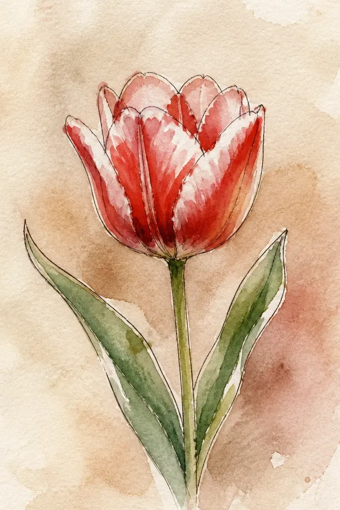 Two tulips side by side. Each tulip has red outer petals with a lighter red fading toward the tips. The inner folds are slightly darker, with a gentle gradient from base to tip. Stems are thin, with a leaf on the left tulip and a smaller leaf near the right.