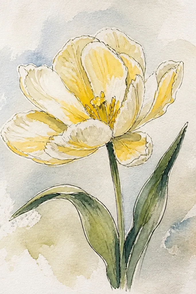 A tulip with loose, imperfect petal edges. The petals are pale yellow-green to light peach, with a bright lemon-yellow center. The center has a soft halo and a few darker specks near the base. The stem is light green with a single thin leaf.