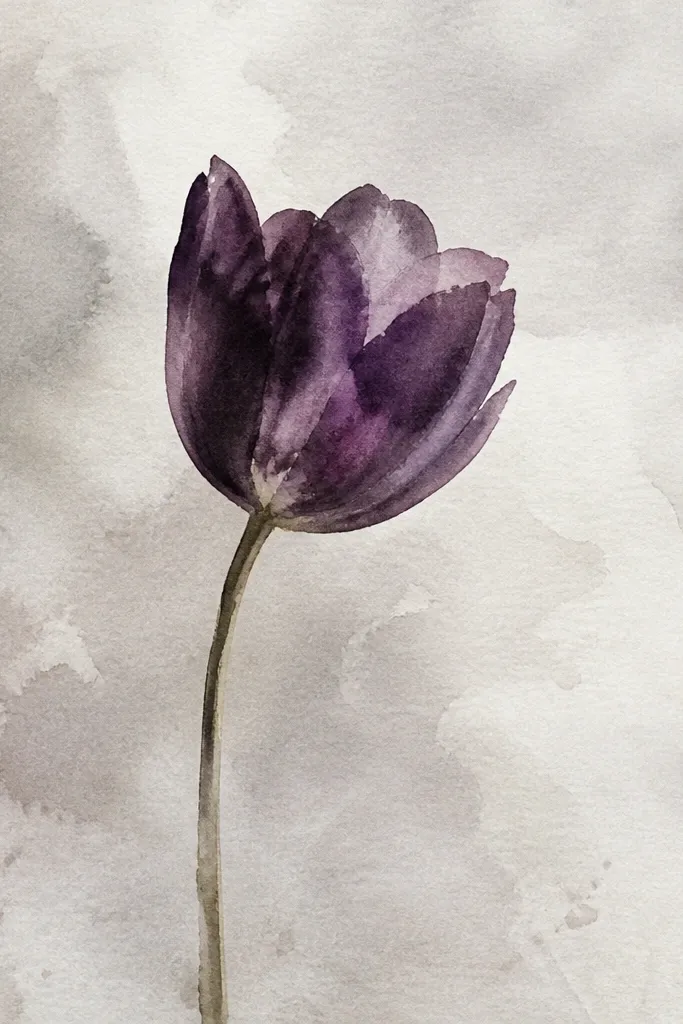 A purple tulip painted on a pale gray wash background. The background is evenly misted gray with a soft watercolor texture. The tulip petals are deep violet with lighter highlights on edges. The inner fold is shaded with darker purple, and the stem is cool green with a gray cast.