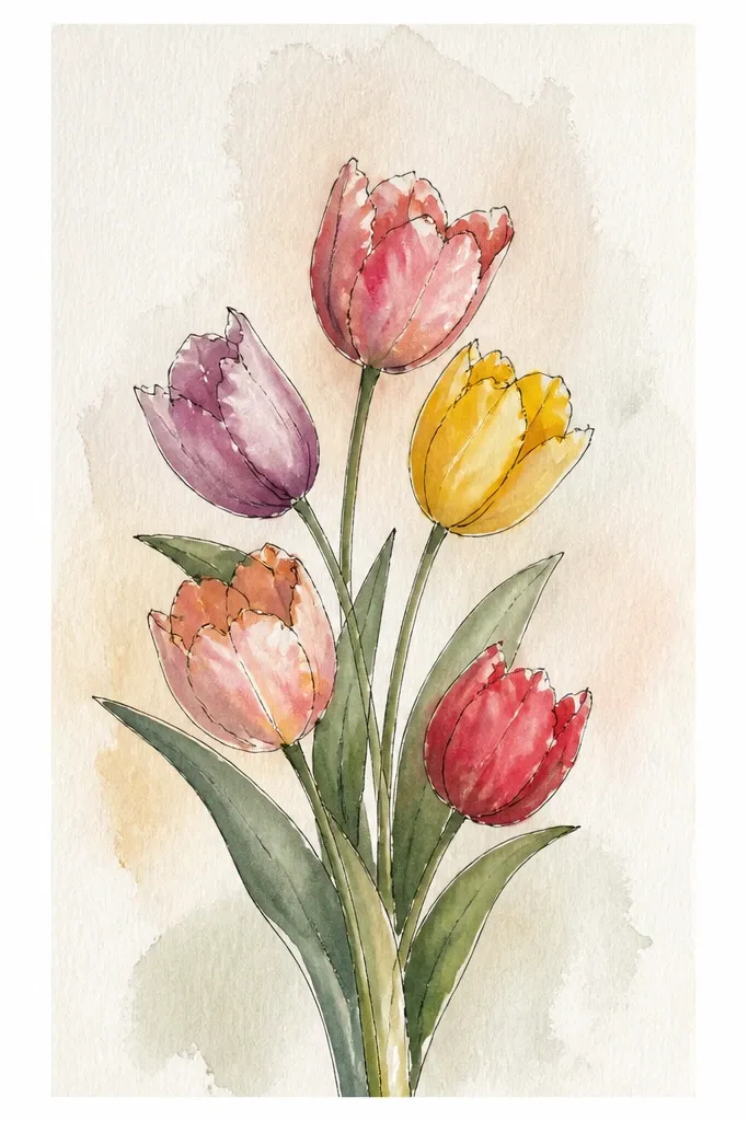 A vertical strip showing three tulips overlapping. Each bloom has a different color: one coral pink, one orange, one soft red. Stems overlap and cross slightly. There's a small cluster of leaves at the bottom, and the background stays mostly white.