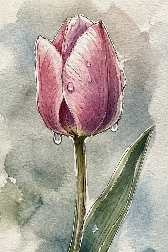 A single red tulip with a few small raindrop shapes on the top petals. The petals have normal watercolor washes, but there are bright white highlights that look like water droplets. The stem is green with a slight curve and a small leaf.