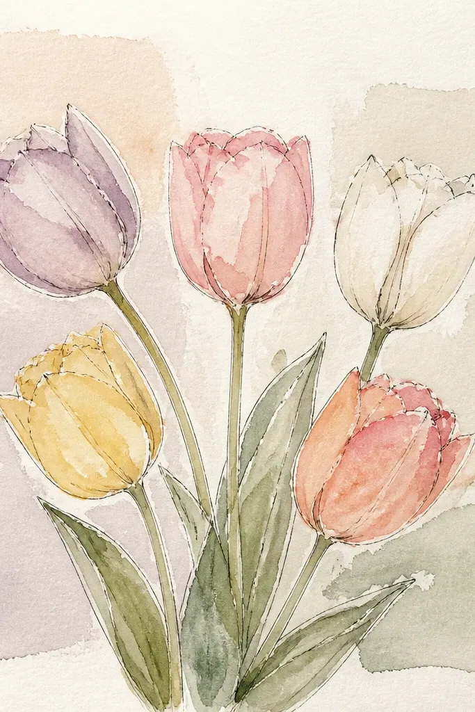 Three pastel tulips in a row with different colors: pale lavender, mint green, and peach. Behind them are two soft rectangular watercolor wash blocks in pale blue and warm beige. The tulips have clean petal shapes with light fold shadows.