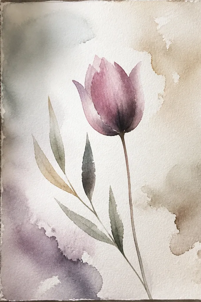 Two tulips angled upward from a single leafy branch. One tulip is red, the other is soft pink. There's a lot of white space around them, and the stems and leaf shapes are thin and precise. The petals have soft gradients, and inner folds are darker but narrow.