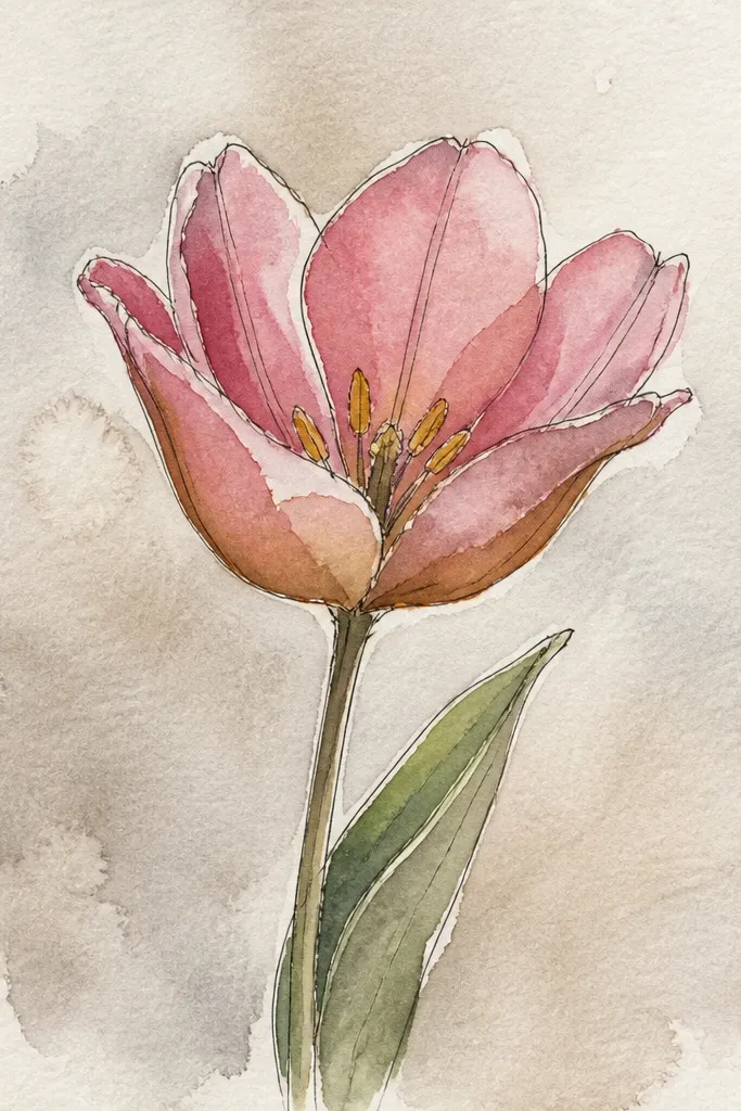 A rose-colored tulip with warm brown shadows under the petals. The inner folds show thin brown lines. At the center base there are two tiny yellow anther marks. The stem is medium green with a single leaf.