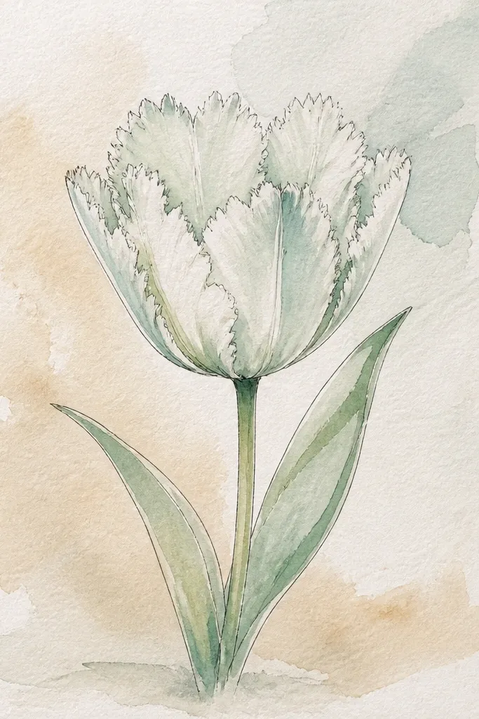 A mint-green tulip with petals that have soft, slightly feathered edges. The center is slightly darker mint, and the fold line is thin. The stem is a pale green with a gentle curve, and the leaf is narrow with a light vein line.