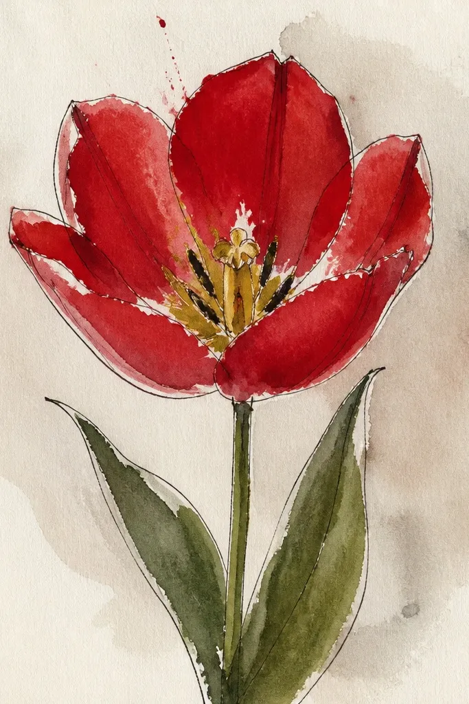 A crimson tulip on white paper. The petals are deep crimson with lighter highlights near the top. The inner folds are shaded darker red. The center base has a small gold-yellow glow spot with a thin gold line. Stems are dark green.