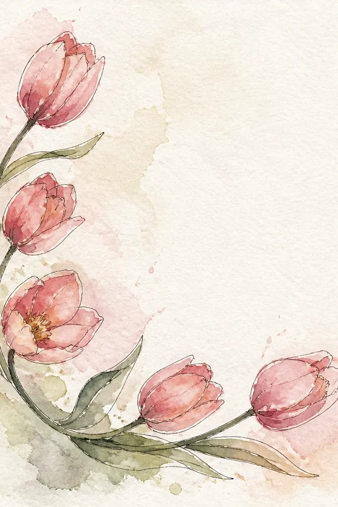 A corner composition: five small tulip blooms arranged like a mini wreath near the top right of the page. Colors alternate between pale pink, peach, and red. Stems loop gently, and there are small leaf sprigs between blooms. The rest of the page stays white.