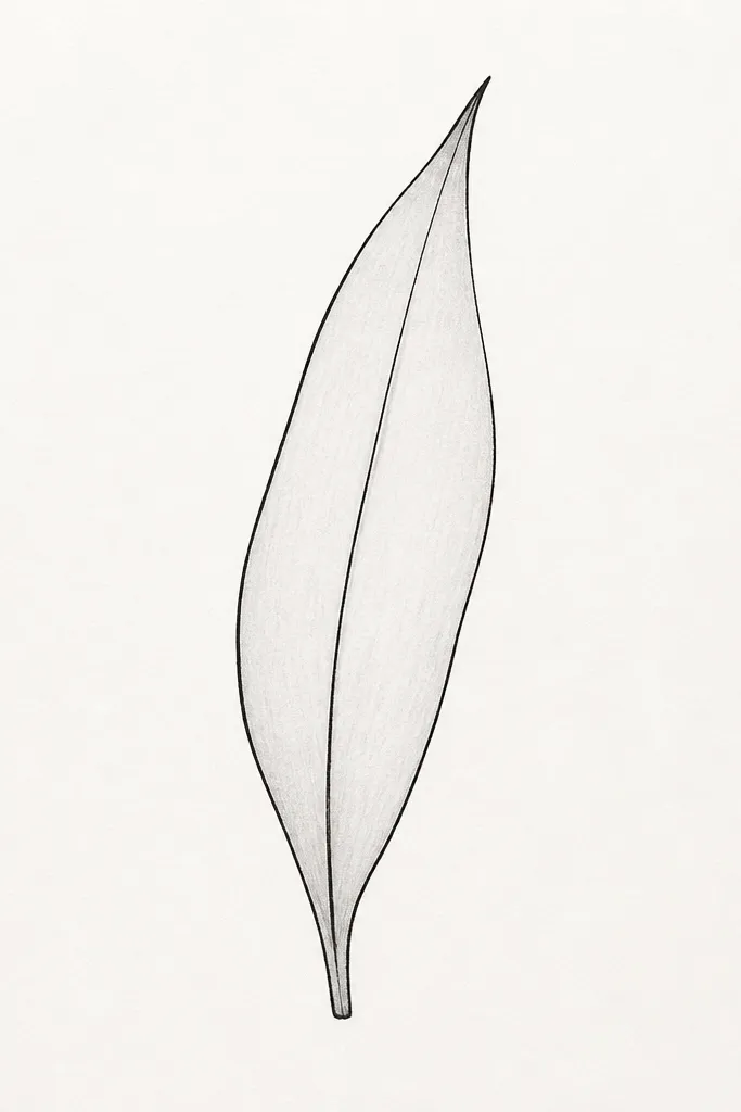 A single tulip leaf drawn in black ink: long tapered shape, one smooth center vein line running from base to tip, and a thin darker outline. No side veins, just the main vein and a soft leaf edge.